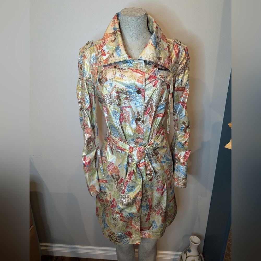 Y2K Vintage Cappopera Jeans Couture gold trench coat colorful Rare Baroque Sz M